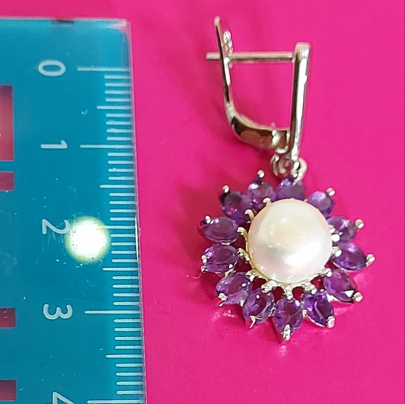 Natural Round Pearl 9mm & Amethyst 925 Sterling Silver Earrings‎ - Picture 4 of 8
